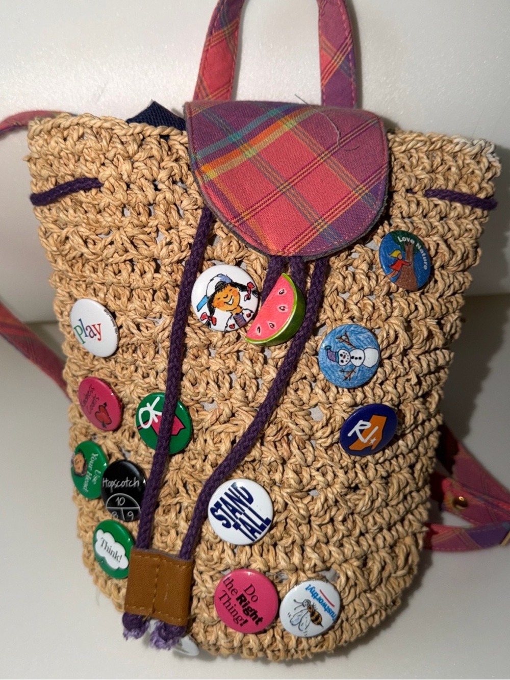 Kids Woven Straw Backpack with Pink Plaid Trim and Button Accents